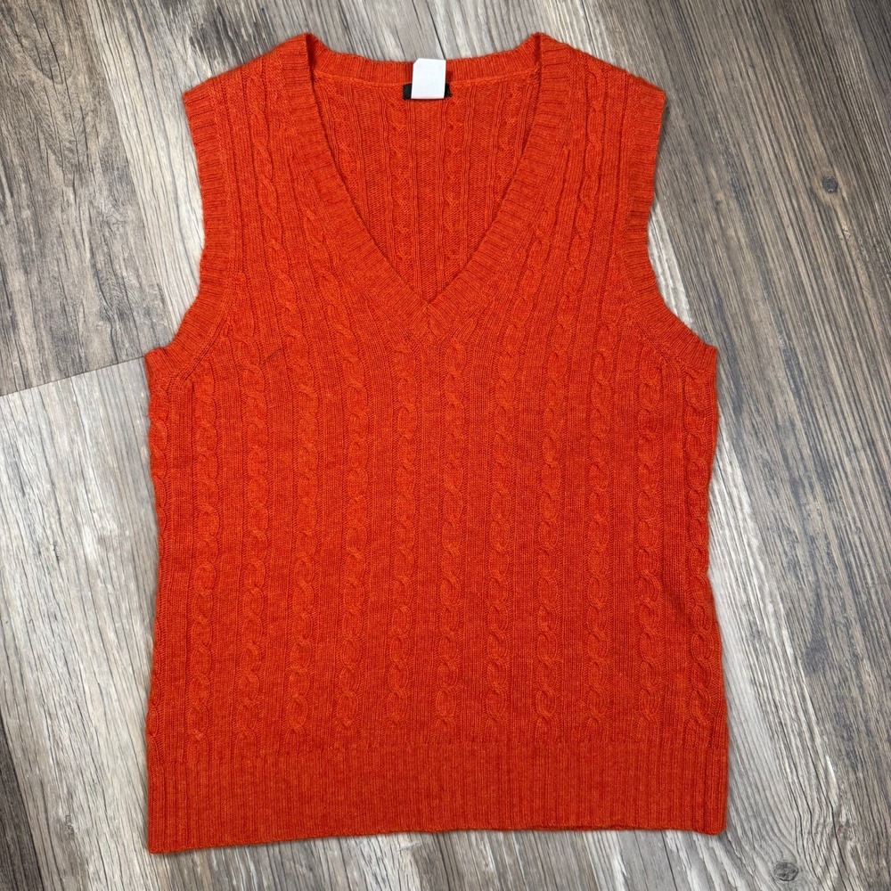J.Crew  Preppy Academic Orange Cable Knit Layering Sweater Vest Cashmere Blend L